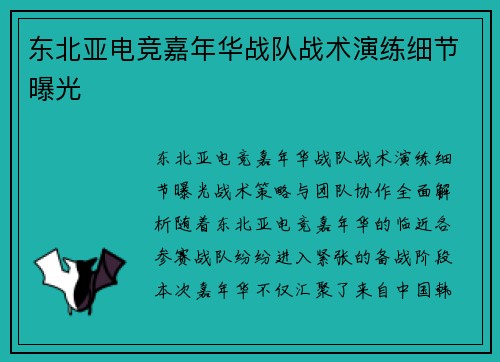 东北亚电竞嘉年华战队战术演练细节曝光