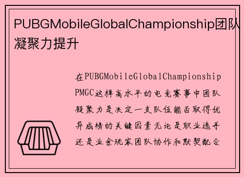 PUBGMobileGlobalChampionship团队凝聚力提升